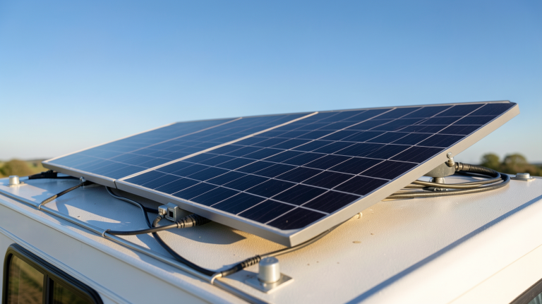 installation solaire 12V ou 24V sur le toit d'un camping-car avec panneaux solaires noirs et câbles électriques