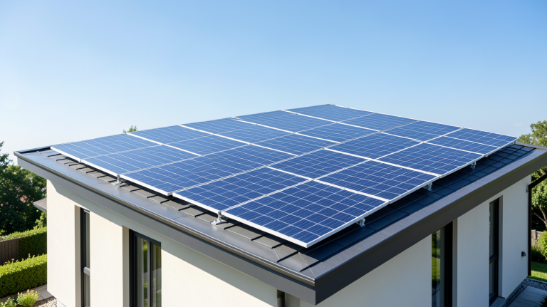 installation solaire 3kwc sur le toit d'une maison résidentielle sous un ciel bleu