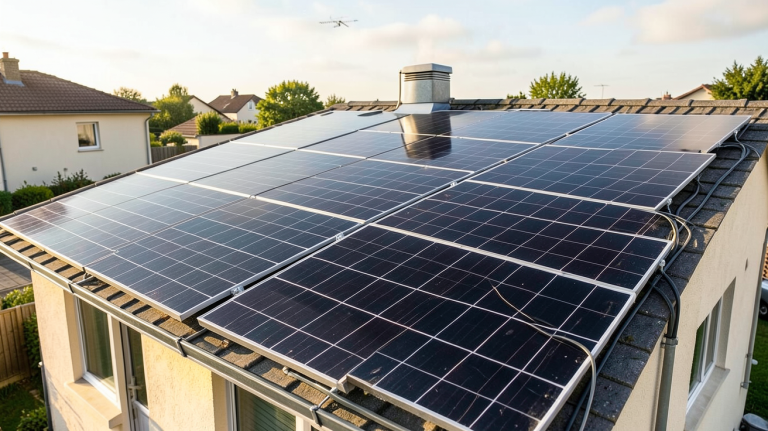 installation solaire autoconsommation sur le toit d'une maison avec panneaux photovoltaïques noirs