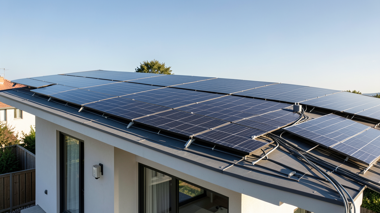 installation solaire autoconsommation composée de panneaux photovoltaïques noirs sur le toit d'une maison moderne