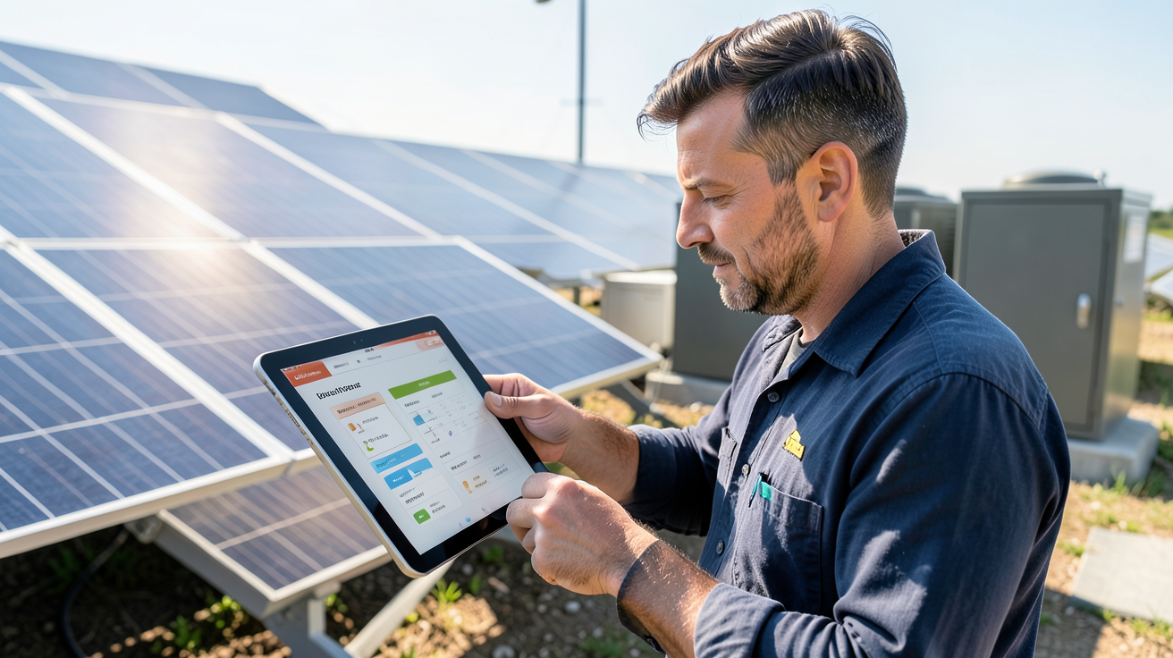 installation solaire autonome en cours de dimensionnement technique avec un expert utilisant une tablette.