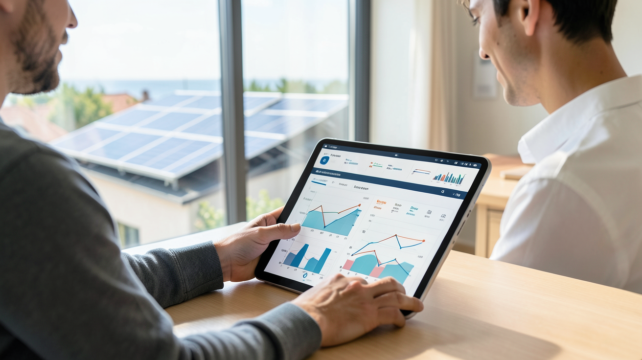 installation solaire autonome : une personne évaluant ses besoins énergétiques sur une tablette numérique.