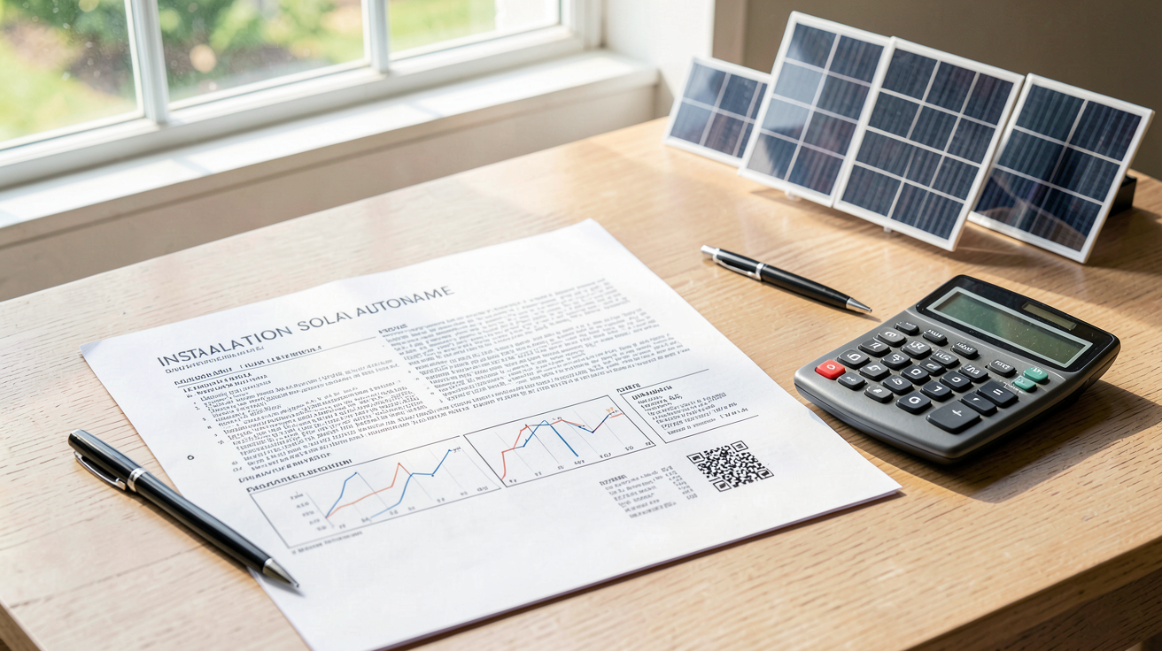 installation solaire autonome prix de devis détaillé posé sur une table en bois clair avec stylo et calculatrice