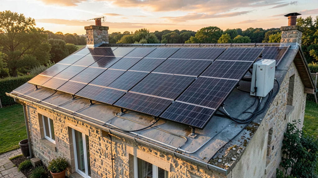 installation solaire autonome complète sur le toit d'une maison rurale avec panneaux solaires et batterie de stockage