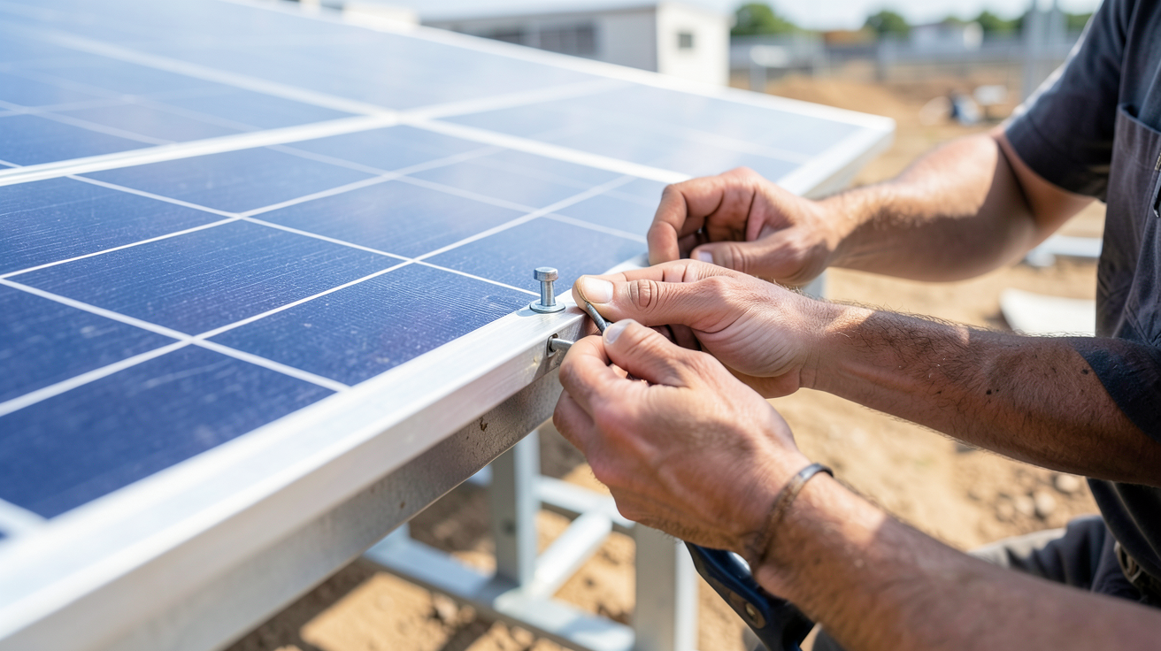 installation solaire autonome montrant un technicien en train de fixer des panneaux solaires sur un support