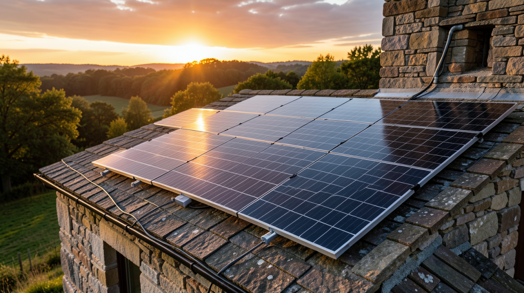 installation solaire autonome composée de panneaux photovoltaïques noirs et d'un onduleur, installée sur le toit d'une maison rurale en pierre