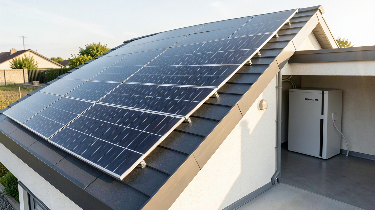 installation solaire avec batterie domestique montrant des panneaux photovoltaïques et une batterie lithium-ion