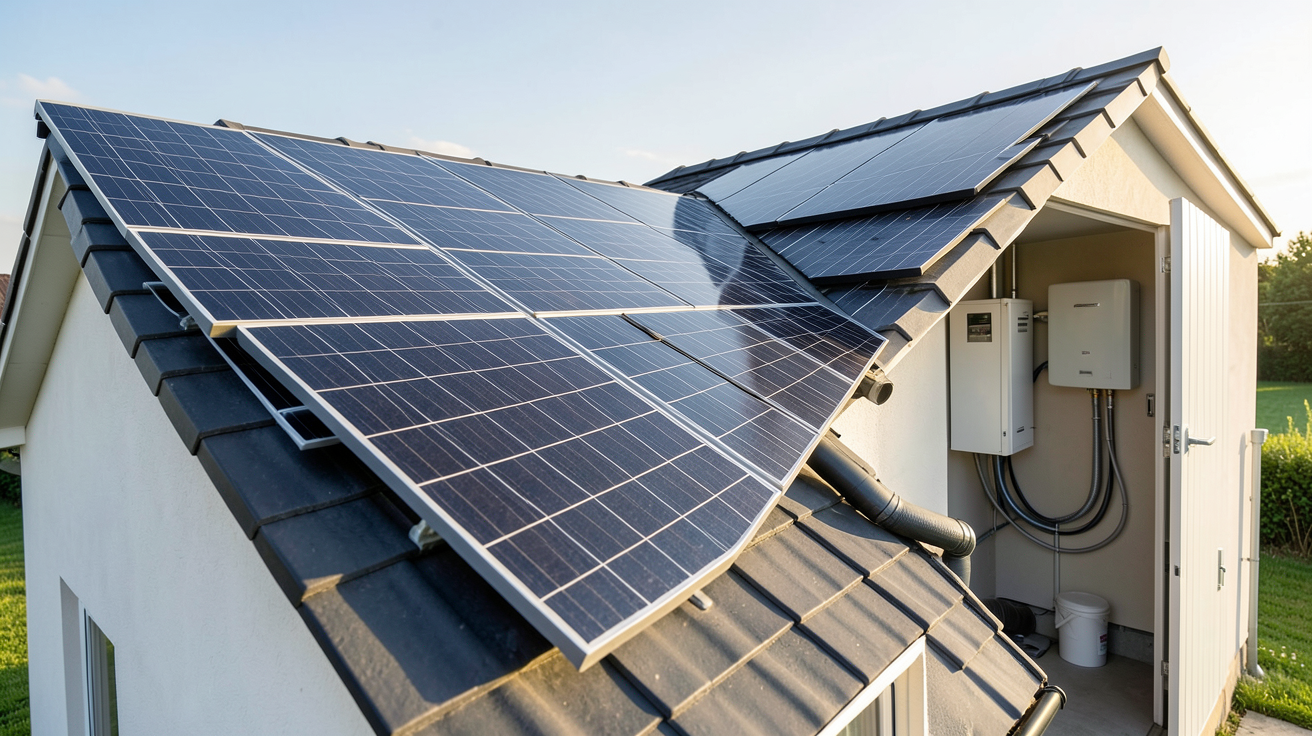 installation solaire avec batterie : panneaux photovoltaïques noirs sur toit et batterie de stockage lithium-ion dans un local technique