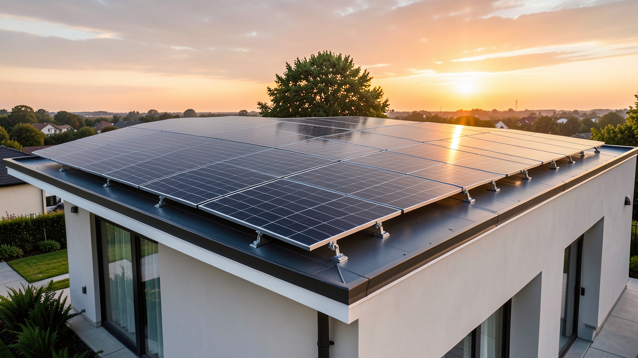 installation solaire avec batterie installée sur le toit d'une maison contemporaine