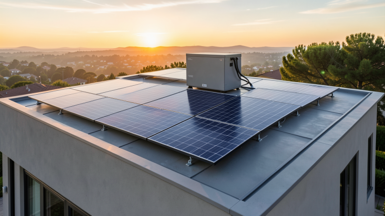 installation solaire avec batterie installée sur le toit d'une maison contemporaine