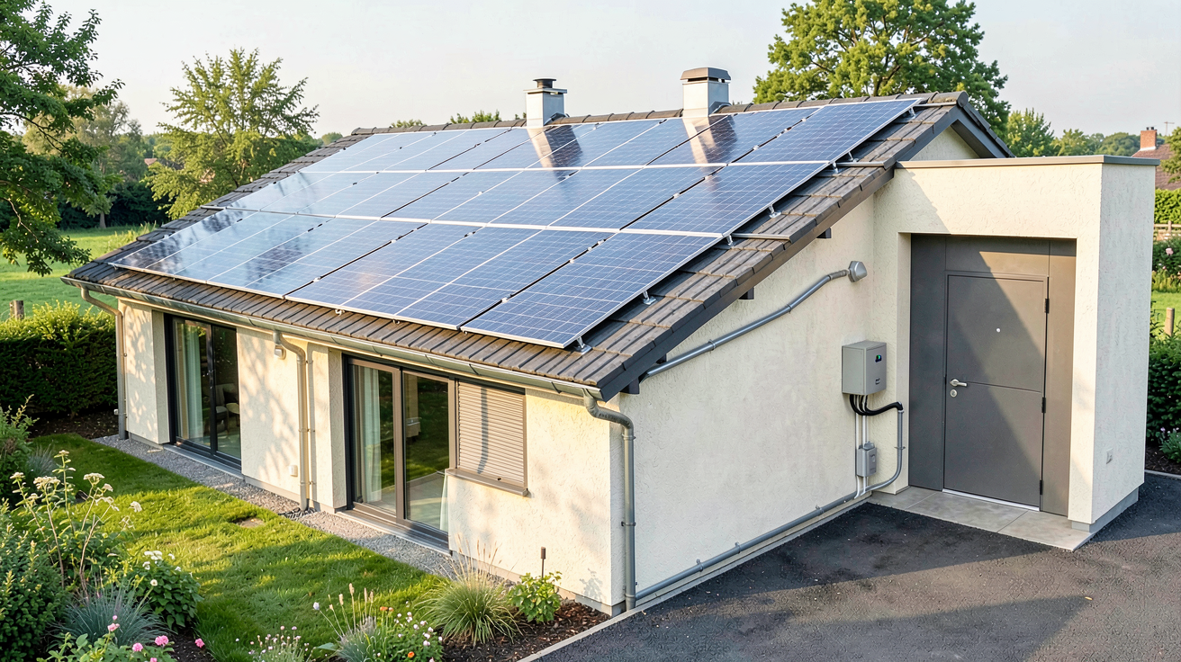 installation solaire batterie avec panneaux photovoltaïques sur toit et batterie de stockage au lithium-ion dans un local technique
