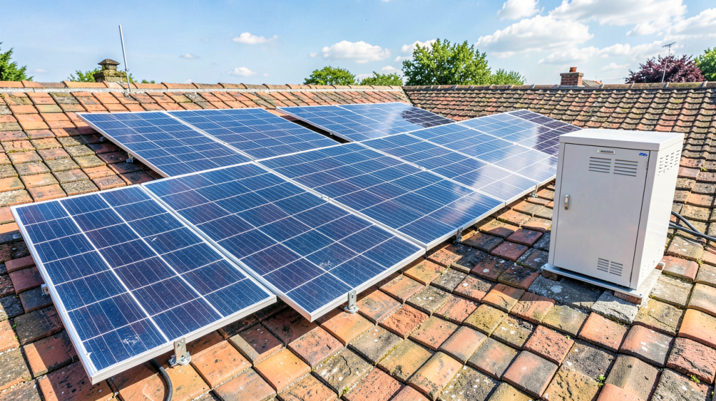 installation solaire batterie montrant des panneaux solaires sur un toit de maison et une batterie de stockage au sol, sous une lumière naturelle