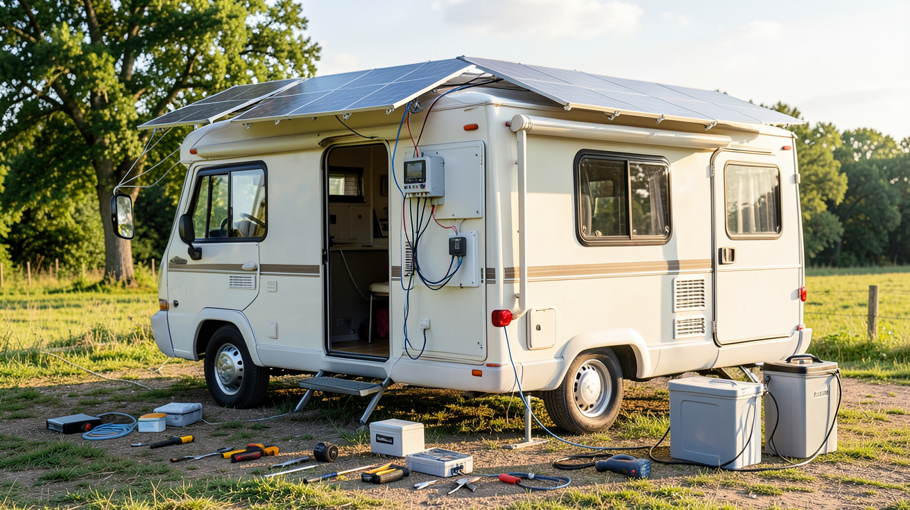 installation solaire camping car étapes détaillées DIY sur un camping-car avec panneaux solaires, câbles et batterie