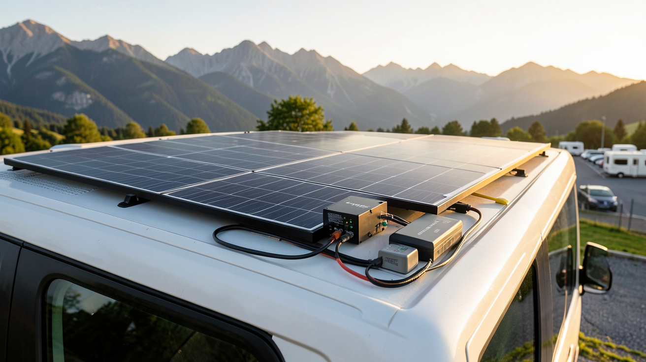 installation solaire camping car kit essentiels avec panneaux monocristallins noirs et régulateur MPPT sur toit de camping-car