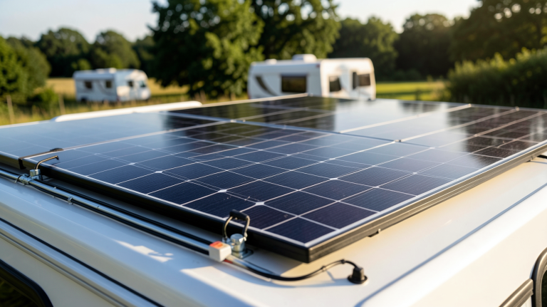 installation solaire sur le toit d'un camping-car avec panneaux photovoltaïques noirs et câbles connectés