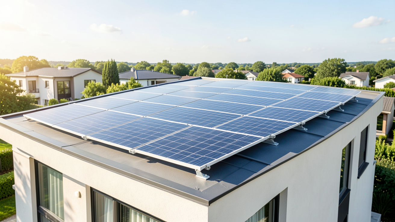 installation solaire domestique sur le toit d'une maison moderne et lumineuse