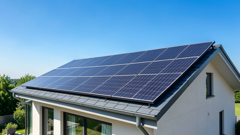 installation solaire domestique sur le toit d'une maison résidentielle moderne sous un ciel bleu