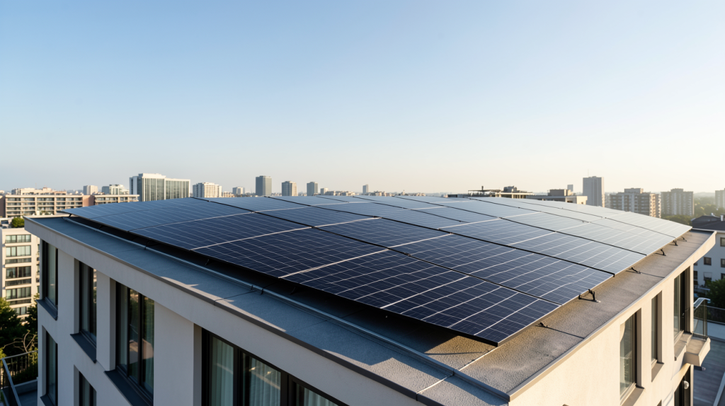 installation solaire maison composée de panneaux photovoltaïques noirs sur un toit-terrasse urbain moderne