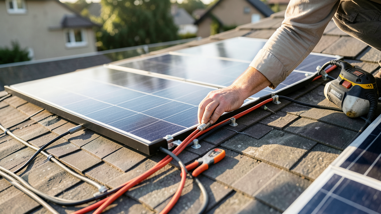 installation solaire photovoltaïque montrant les étapes concrètes de pose des panneaux sur un toit