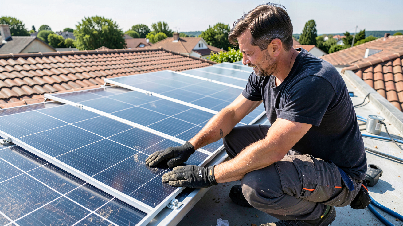 installation solaire réalisée par un technicien professionnel sur un toit de maison