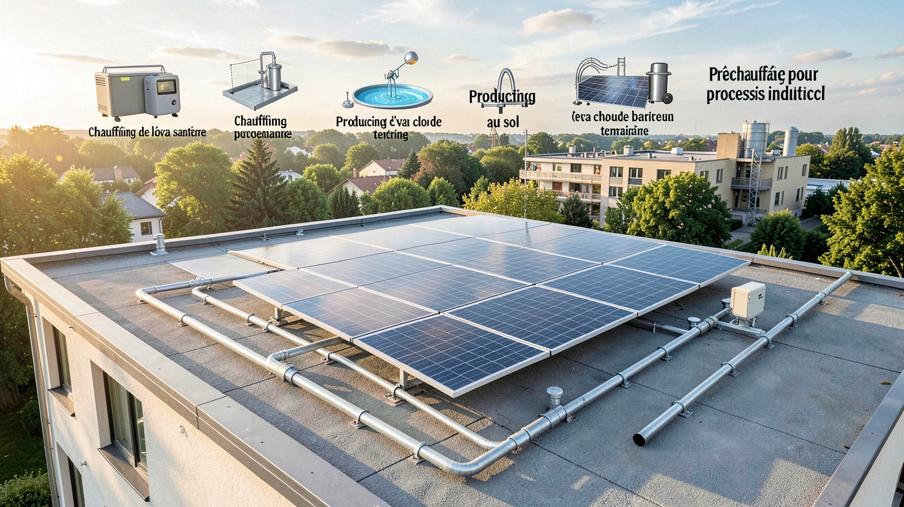 installation solaire thermique sur un toit de maison moderne avec cinq applications : chauffage d'eau, piscine, chauffage au sol, bâtiment tertiaire et processus industriel