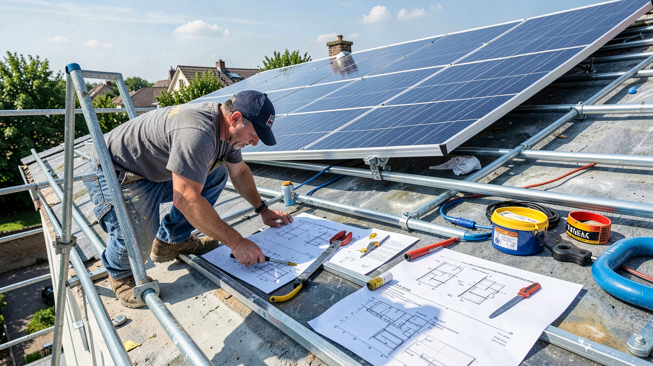 installation solaire thermique montrant le technicien posant les panneaux solaires thermiques sur le toit, plans du projet et outillage en arrière-plan