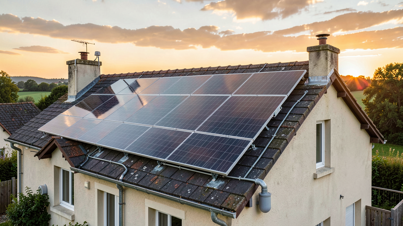 installation solaire thermique composée de panneaux solaires thermiques noirs sur le toit d'une maison individuelle en France