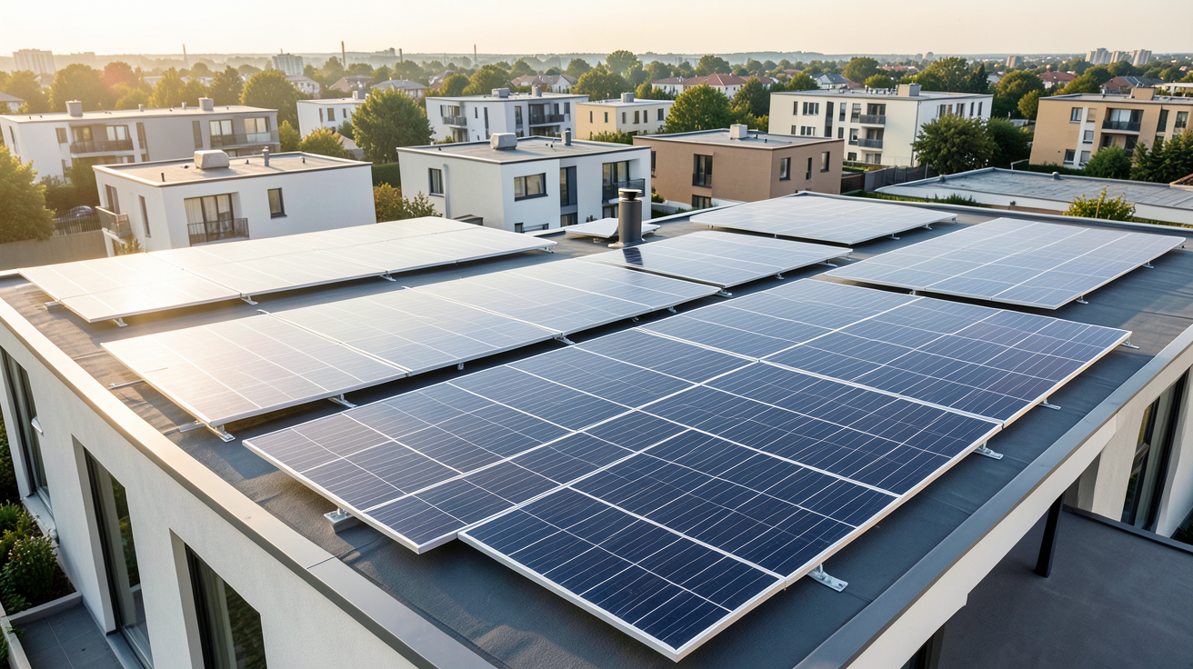 installation solaire thermique prix montrant différents types de capteurs solaires thermiques sur des toits résidentiels