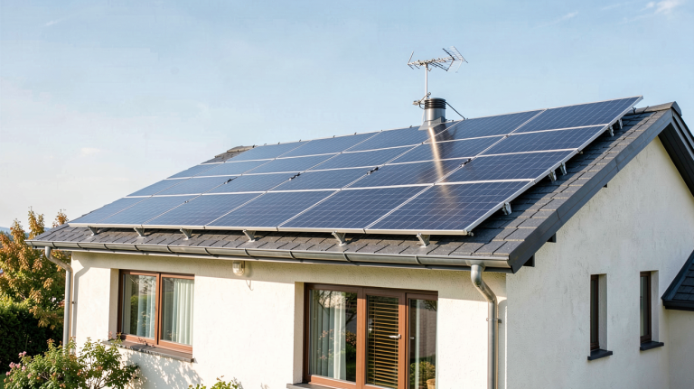 installation solaire thermique composée de panneaux solaires thermiques noirs sur le toit d'une maison