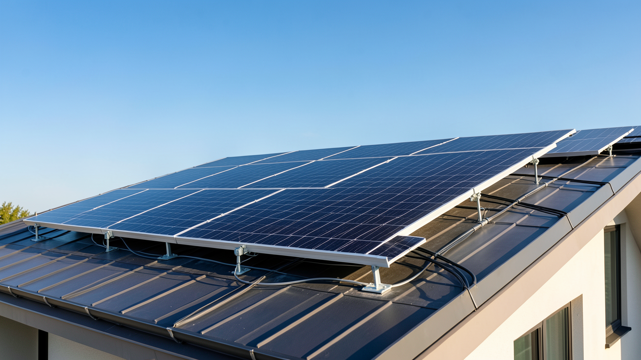 installation d un système photovoltaïque sur le toit d'une maison moderne avec panneaux solaires noirs