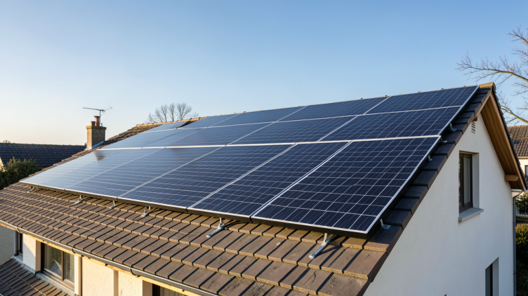 installation d'un système photovoltaïque sur le toit d'une maison individuelle avec des panneaux solaires noirs
