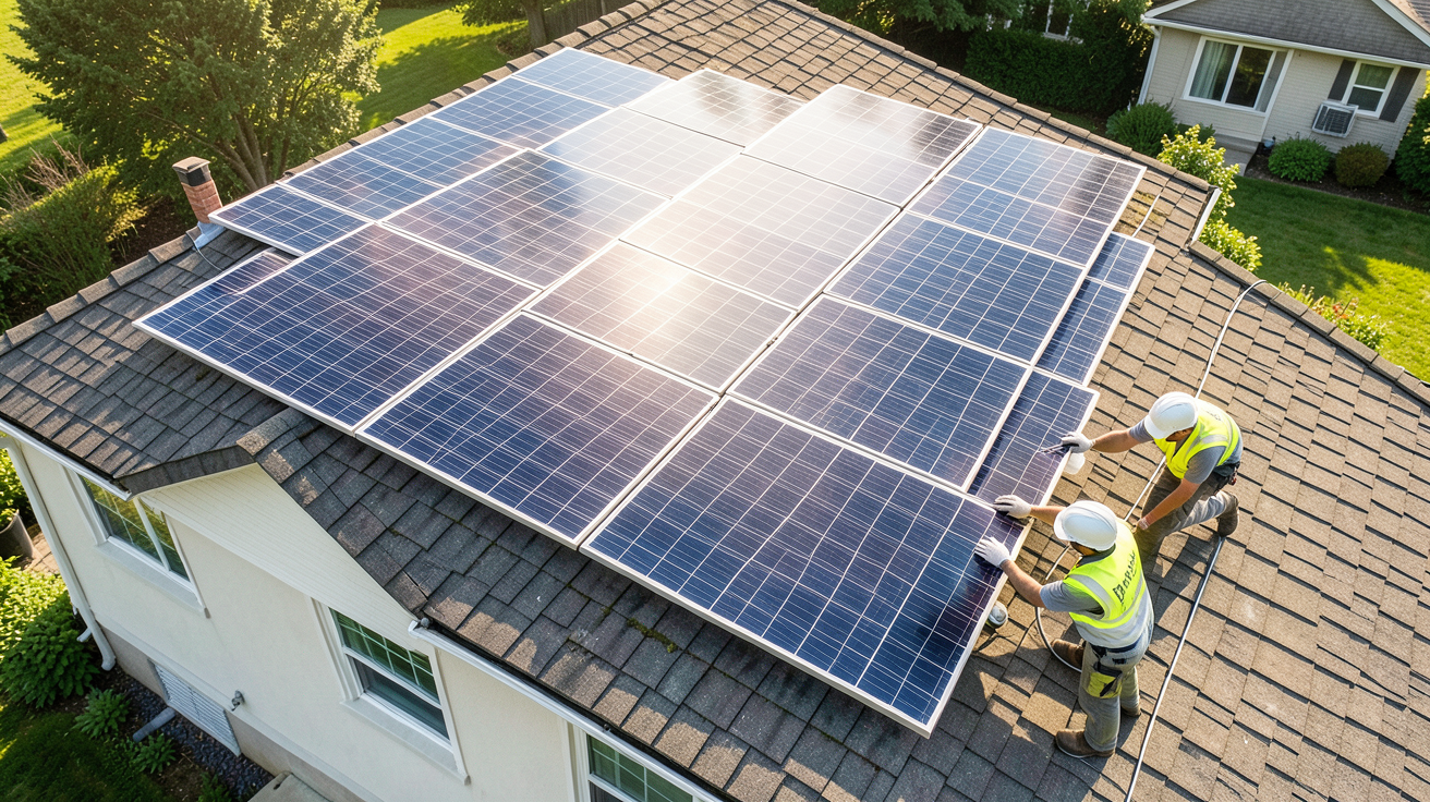 installation d un système photovoltaïque : pose des panneaux solaires sur le toit d'une maison
