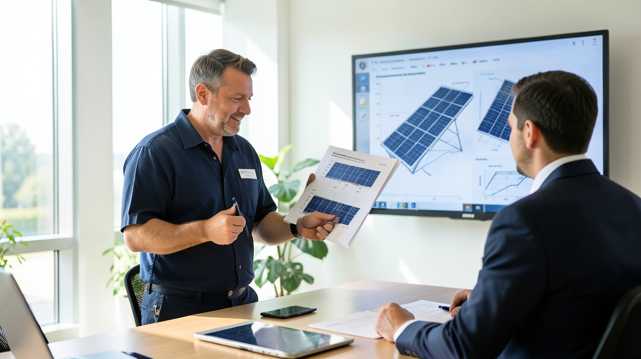installations solaires photovoltaïques coût et financement discutés entre un installateur et un client dans un bureau moderne