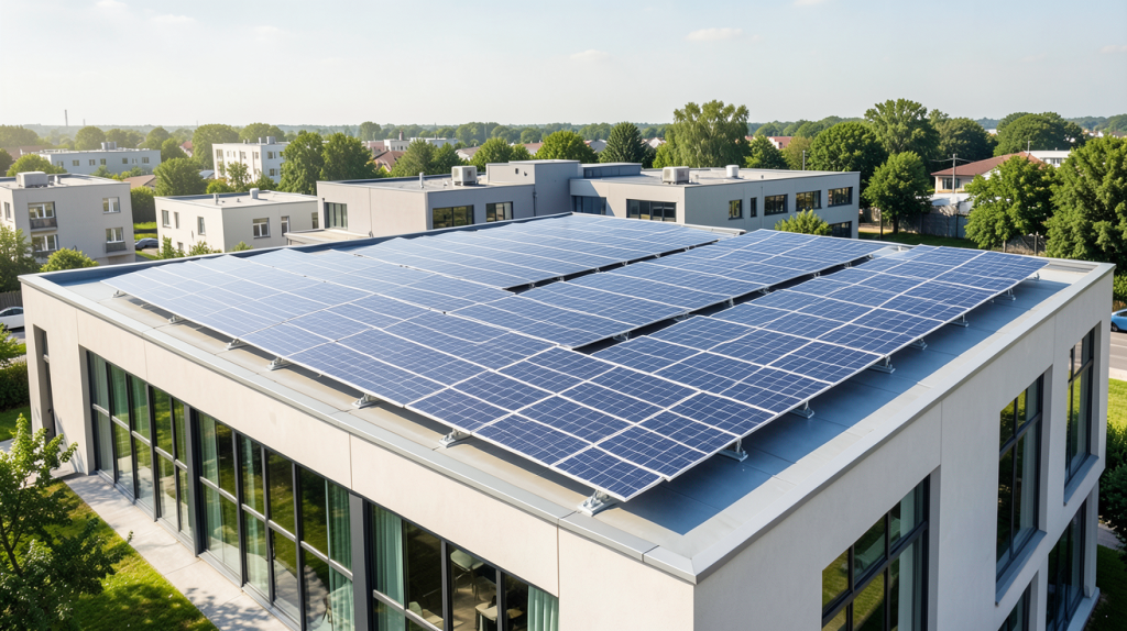 installations solaires photovoltaïques couvrant le toit d'un bâtiment moderne avec des panneaux solaires brillants sous la lumière du jour