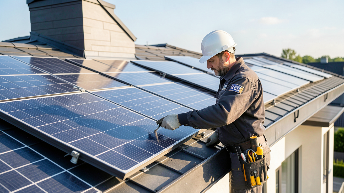 installer des panneaux photovoltaïques avec l'aide d'un technicien certifié RGE sur une toiture.