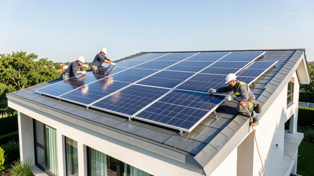 installer des panneaux photovoltaïques sur le toit d'une maison moderne, avec un ciel bleu et une lumière naturelle