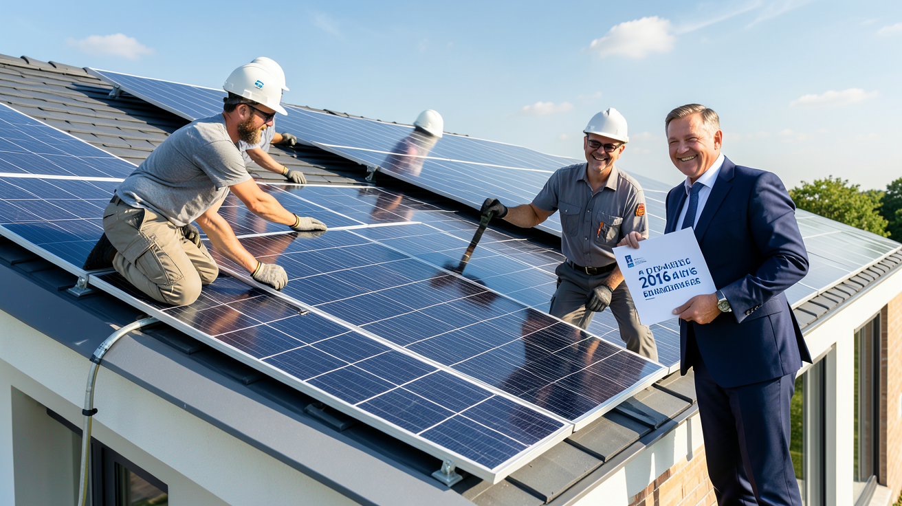 installer des panneaux solaires prix aide financière 2026 montrant une installation photovoltaïque avec un propriétaire satisfait
