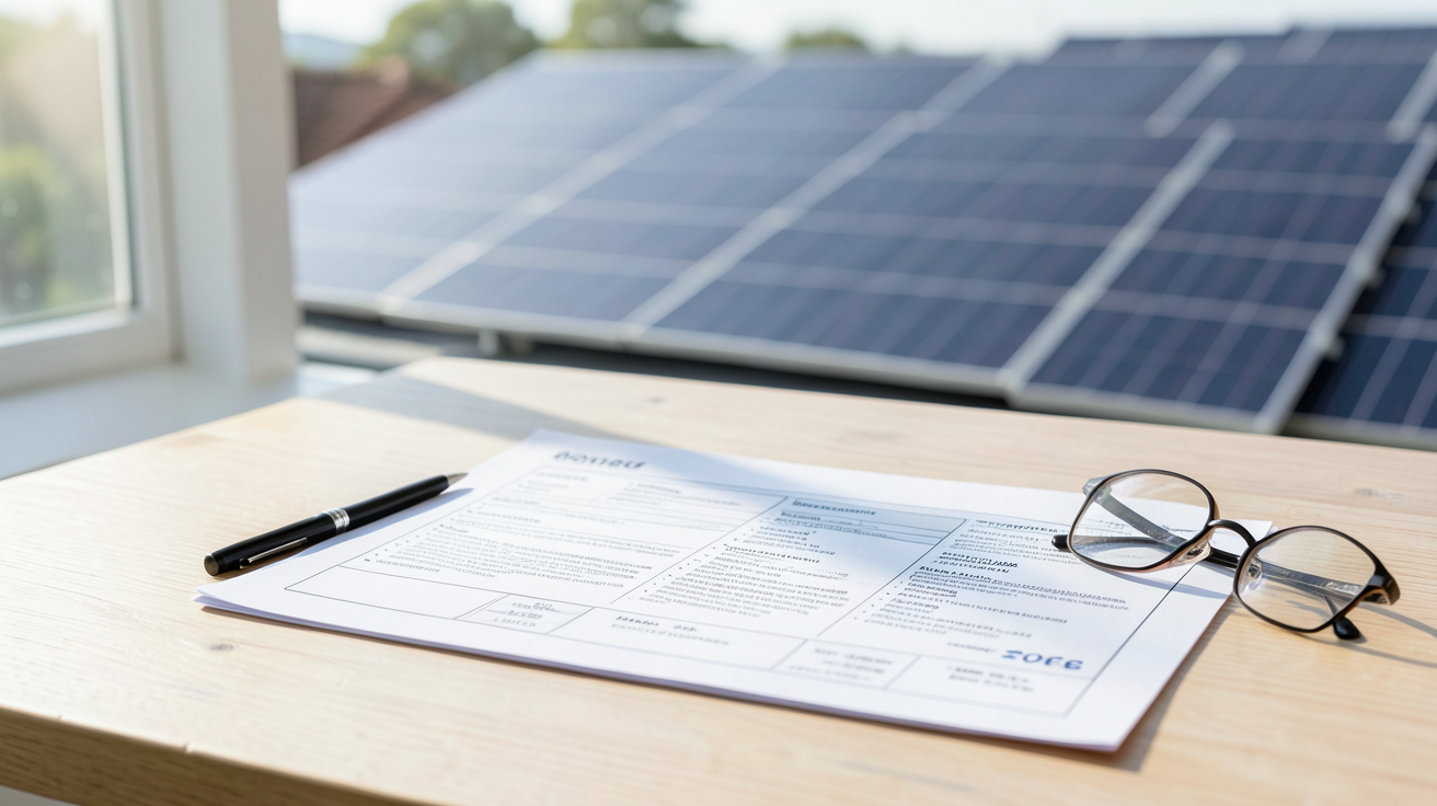 installer des panneaux solaires prix moyen 2026 : devis détaillé posé sur une table avec un stylo et des lunettes