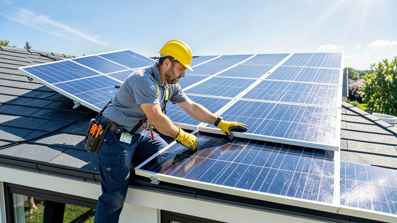 installer des panneaux solaires sur un toit résidentiel par un technicien qualifié