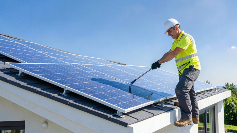 installer des panneaux solaires sur le toit d'une maison moderne sous un soleil éclatant