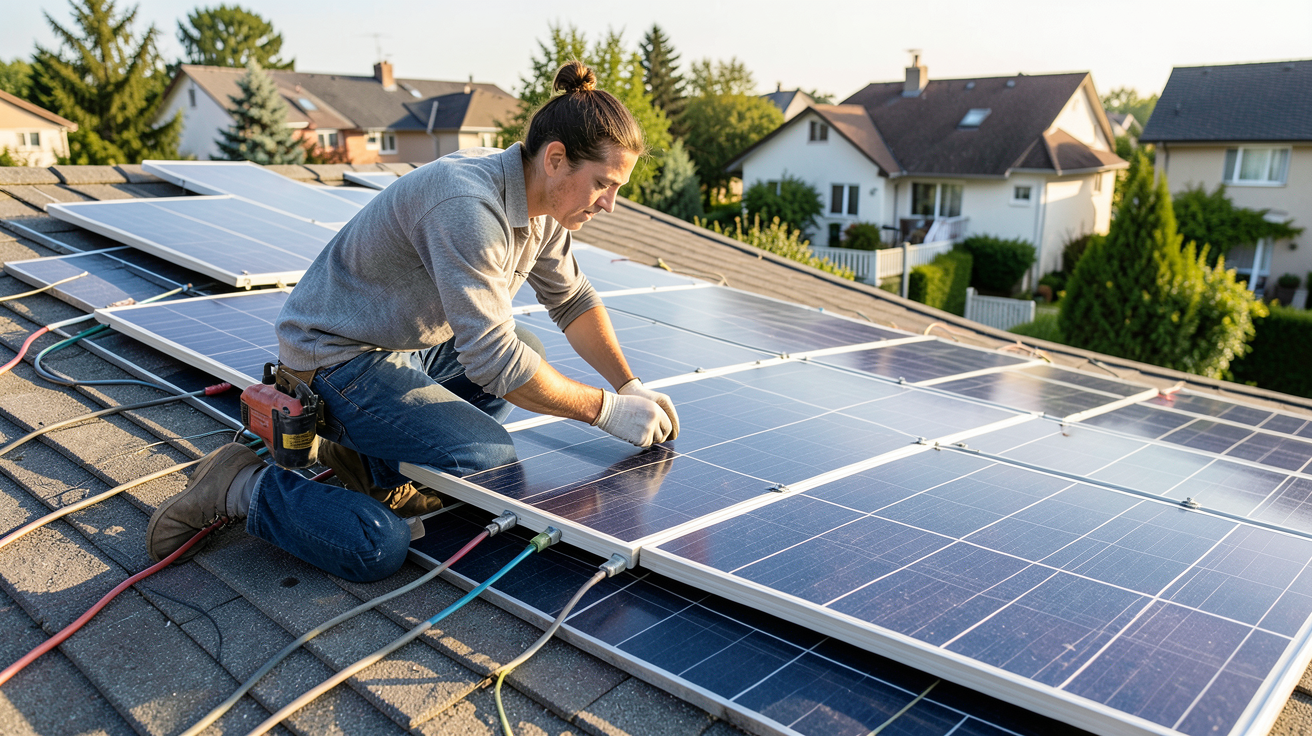 installer des panneaux solaires soi même erreurs à éviter : personne en train de mal fixer des câbles sur un toit résidentiel