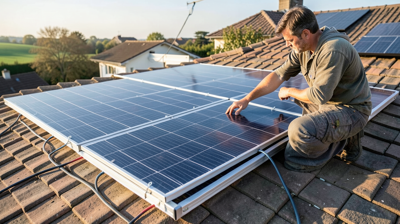 installer ses panneaux solaires étape par étape : pose des rails de fixation sur un toit résidentiel