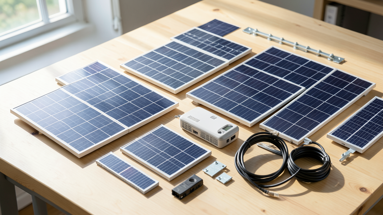 installer ses panneaux solaires différents types de kits solaires à poser soi-même disposés sur un plan de travail