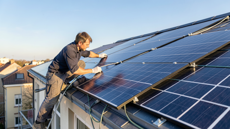 installer ses panneaux solaires sur le toit d'une maison urbaine par un technicien professionnel