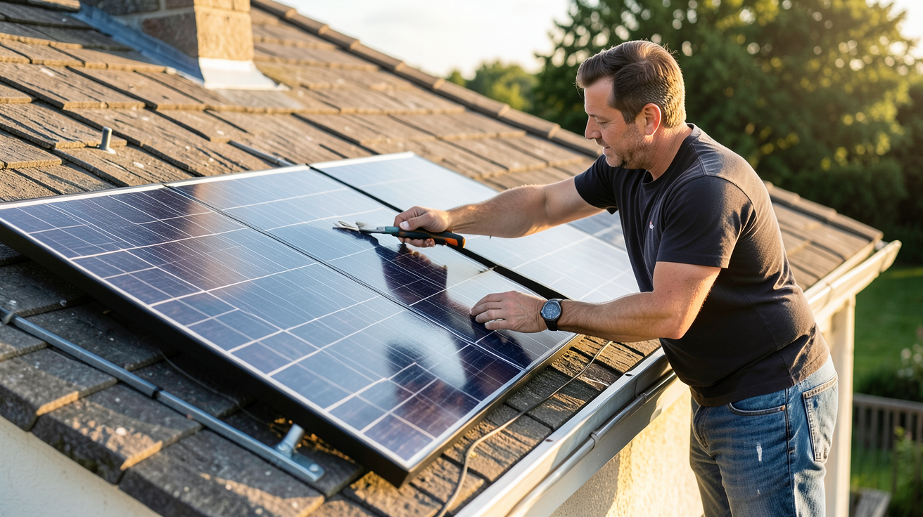 installer soi même panneau photovoltaique : personne installant un panneau solaire sur un toit de maison
