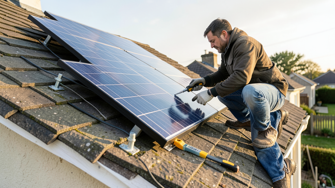 installer soi meme panneau photovoltaique : personne installant un panneau solaire sur un toit de maison individuelle