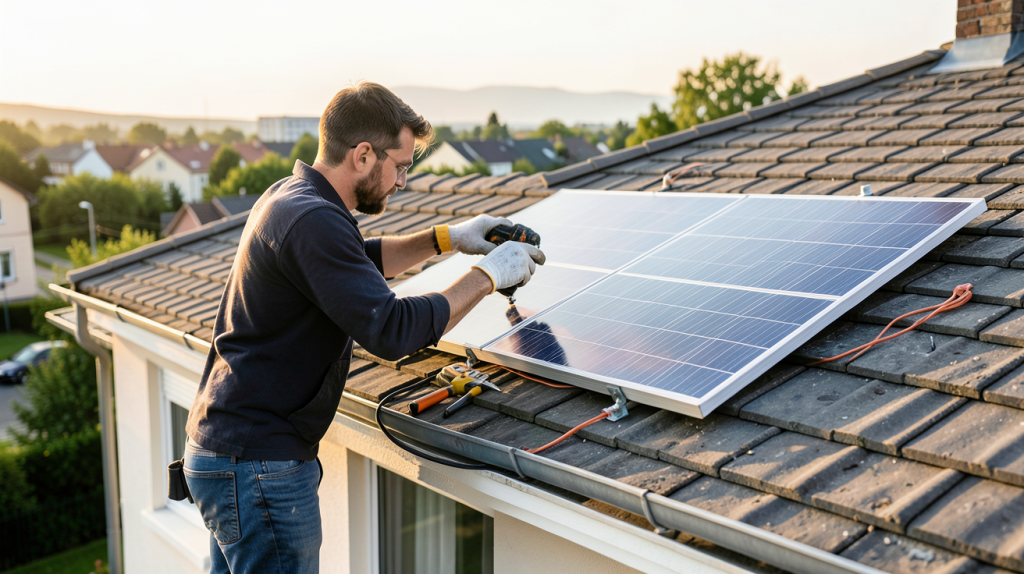 installer soi même panneau photovoltaique en cours de pose sur le toit d'une maison