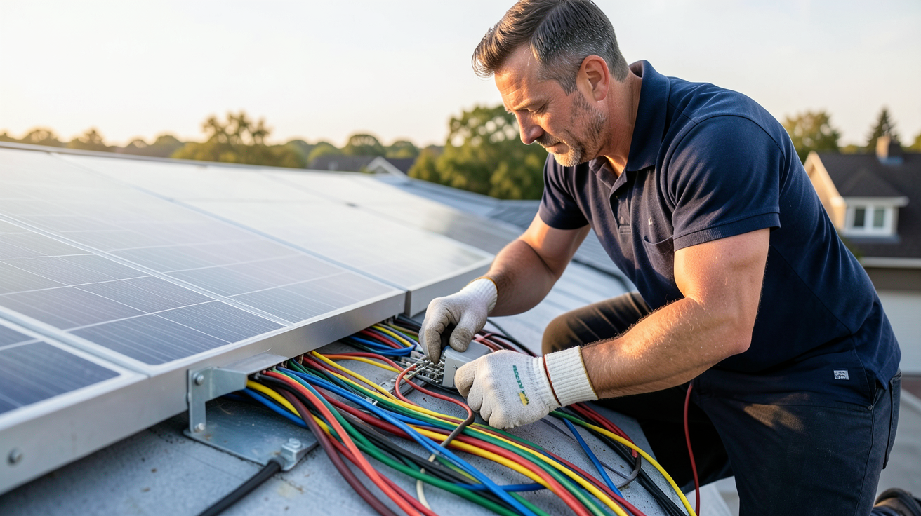 installer soi même des panneaux solaires : étape du câblage électrique en courant continu sur un toit