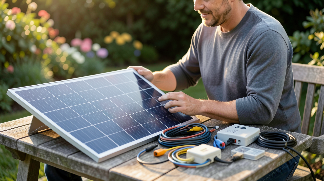 installer soi même des panneaux solaires : personne examinant un kit solaire complet avec panneaux photovoltaïques et accessoires
