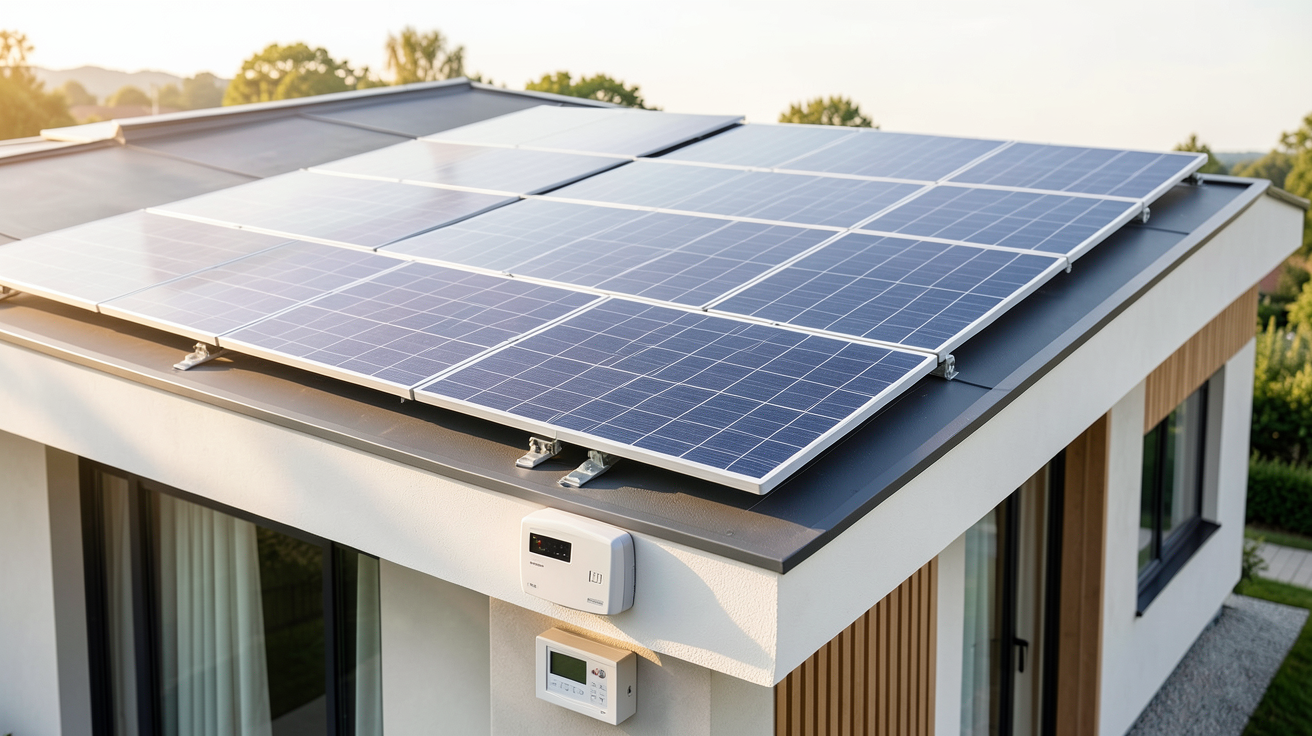 installer soi meme panneaux solaires kit autoconsommation partielle installé sur le toit d'une maison contemporaine avec panneaux visibles et onduleur discret
